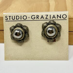 Vintage Graziano Signed Dome Clip On Earrings Hematite Tone Cabochon NWT